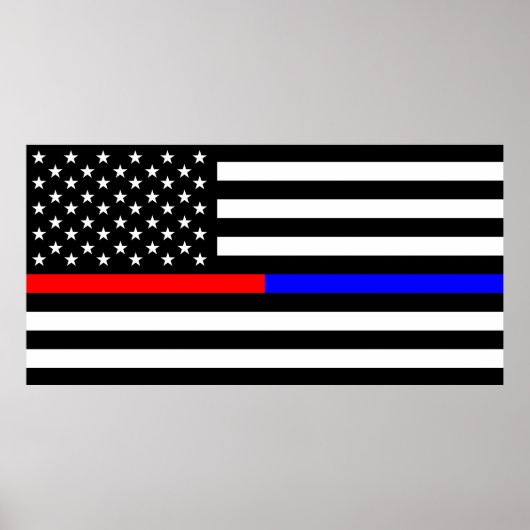 blue red thin line police firefighters symbol usa ポスター (正面)