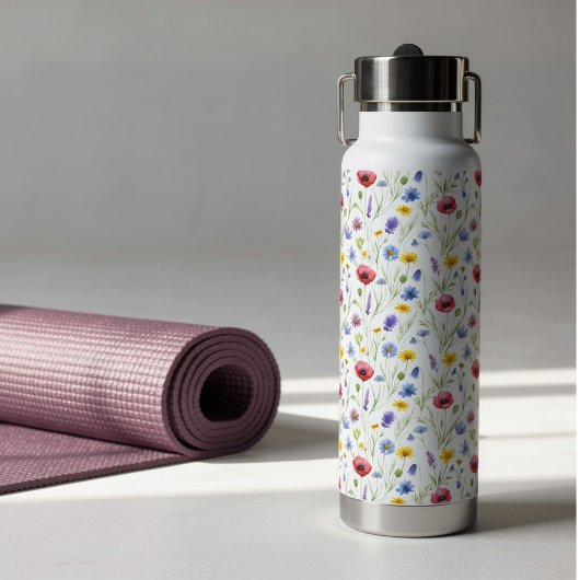 Blue Red Watercolor Wildflower ウォーターボトル