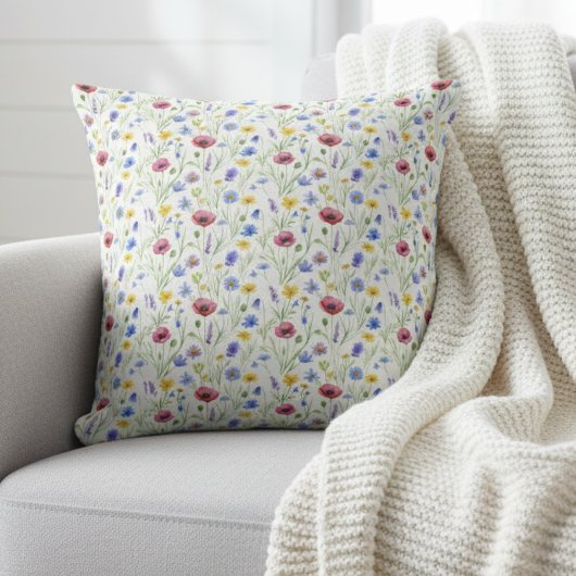 Blue Red Watercolor Wildflower クッション