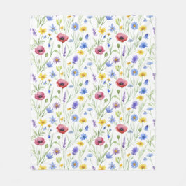 Blue Red Watercolor Wildflower フリースブランケット