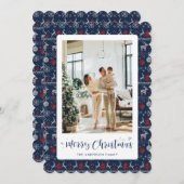 Blue Red White Winter Pattern Photo Christmas Card シーズンカード (正面/裏面)