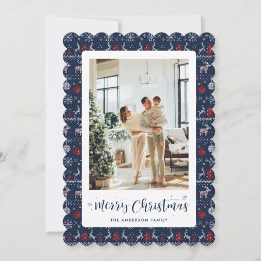 Blue Red White Winter Pattern Photo Christmas Card シーズンカード (正面)