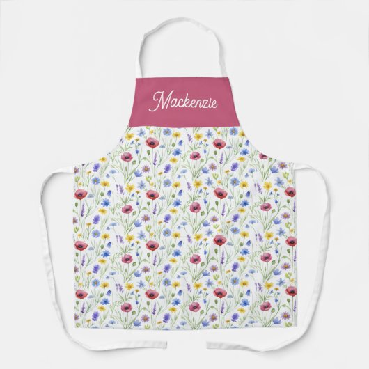 Blue Red Wildflower Botanical Custom Name  エプロン (正面)