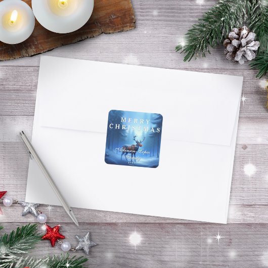 Blue Reindeer Merry Christmas Family スクエアシール