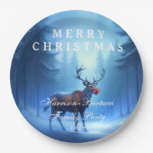 Blue Reindeer Merry Christmas Family Party ペーパープレート (正面)