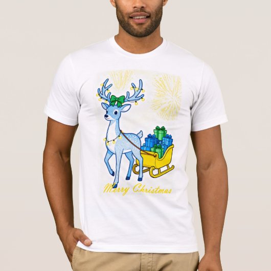 Blue Reindeer & Sleigh Merry Christmas Men's Tシャツ (正面)