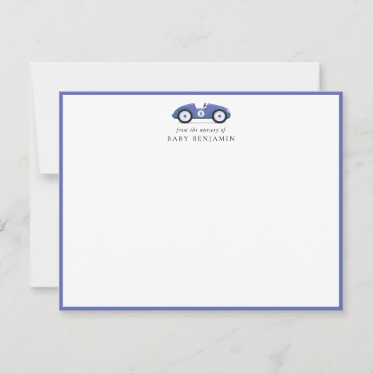 Blue Retro Car Nursery Note Card 案内状 (正面)