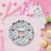 Blue Retro Christmas Peppermint Birthday ペーパープレート (パーティー)