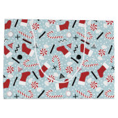 Blue Retro Christmas Peppermint Birthday ラージペーパーバッグ (裏面)