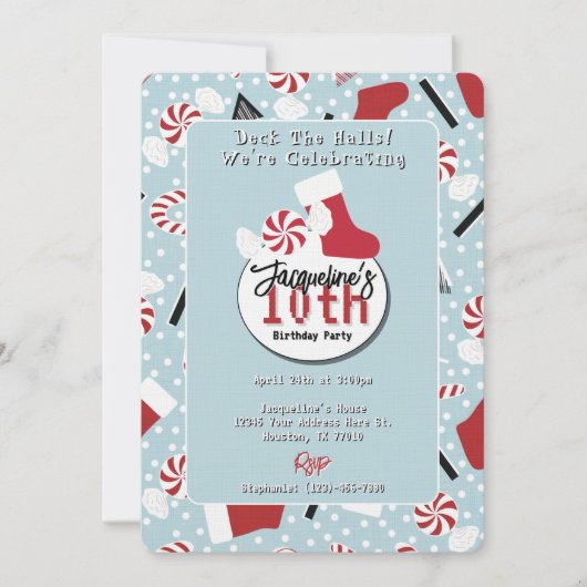 Blue Retro Christmas Peppermint Birthday 招待状 (正面)