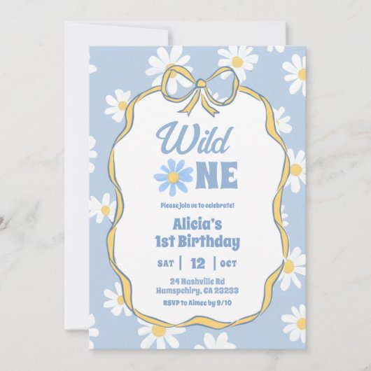 Blue Retro Daisy Coquette 1st Birthday Invitation 招待状 (正面)
