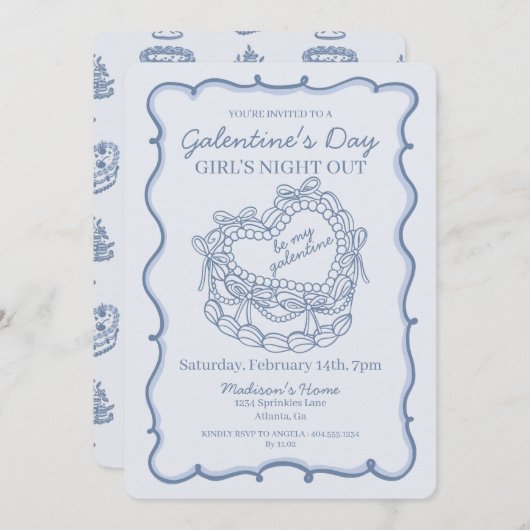 Blue Retro Heart Coquette Cake for Galentine's Day 招待状 (正面/裏面)