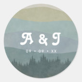 Blue Retro Mountains and Forest Wedding Monogram ラウンドシール (正面)