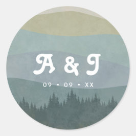 Blue Retro Mountains and Forest Wedding Monogram ラウンドシール