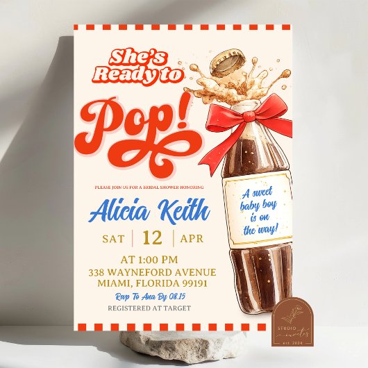Blue Retro She's Ready To Pop Bow Boy Baby Shower 招待状
