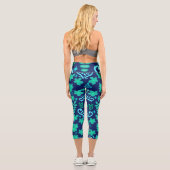 Blue Retro Style Floral and Sun Symbol Pattern カプリレギンス (裏面)