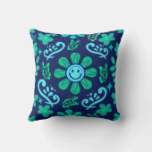 Blue Retro Style Floral and Sun Symbol Pattern クッション (裏面)