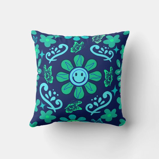 Blue Retro Style Floral and Sun Symbol Pattern クッション (裏面)