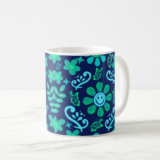 Blue Retro Style Floral and Sun Symbol Pattern コーヒーマグカップ (正面右)