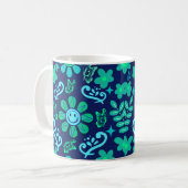 Blue Retro Style Floral and Sun Symbol Pattern コーヒーマグカップ (正面左)
