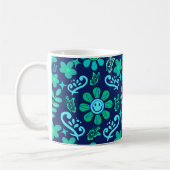 Blue Retro Style Floral and Sun Symbol Pattern コーヒーマグカップ (左)