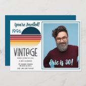 Blue Retro Sun 1996 Photo 30th Birthday Stripe  シーズンカード (正面/裏面)