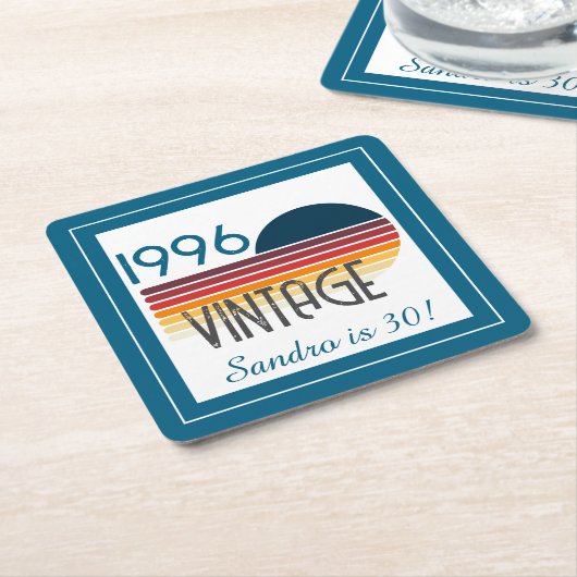 Blue Retro Sun 1996 Photo 30th Birthday Stripe  スクエアペーパーコースター (アングル)