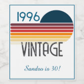 Blue Retro Sun 1996 Photo 30th Birthday Stripe  ワインラベル (シングルラベル)