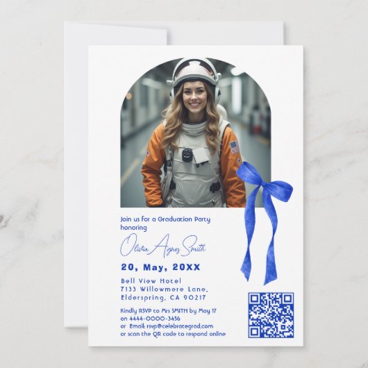 Blue Ribbon Accent Dual‑Photo QR Code 招待状 (裏面)