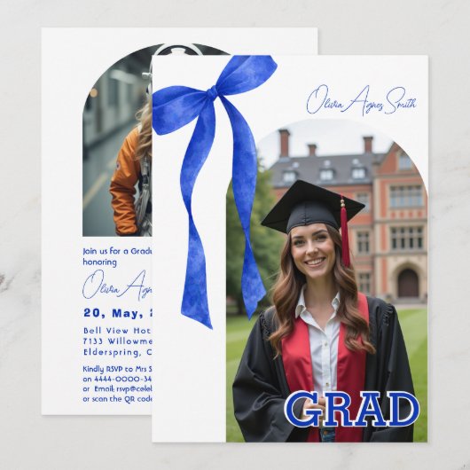Blue Ribbon Accent Dual‑Photo QR Code 招待状 (正面/裏面)