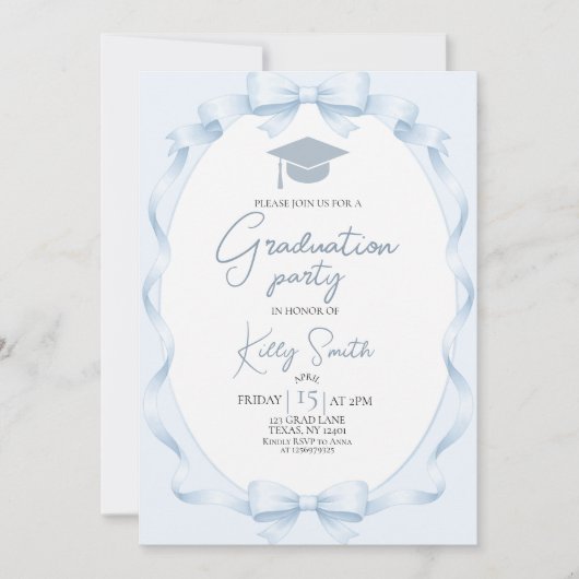 Blue Ribbon Bow Graduation Invitation 招待状 (正面)