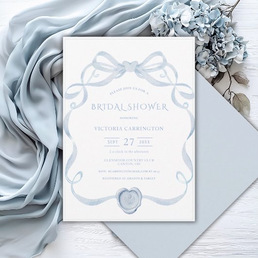 Blue Ribbon Frame Vintage Bridal Shower 招待状