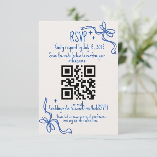 Blue Ribbon QR Wedding RSVP Card (スタンド正面)