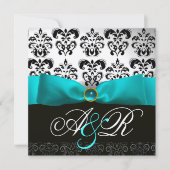 Blue Ribbon Turquoise White Black Damask Monogram 招待状 (正面)