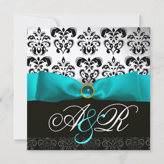 Blue Ribbon Turquoise White Black Damask Monogram 招待状 (正面)