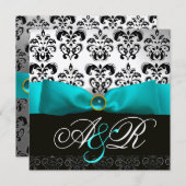 Blue Ribbon Turquoise White Black Damask Monogram 招待状 (正面/裏面)
