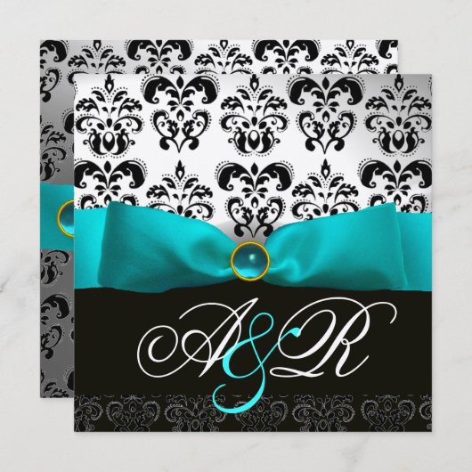 Blue Ribbon Turquoise White Black Damask Monogram 招待状 (正面/裏面)