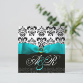 Blue Ribbon Turquoise White Black Damask Monogram 招待状 (スタンド正面)