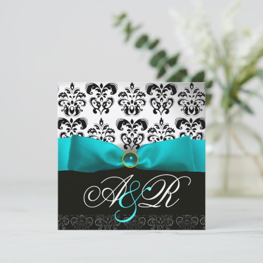Blue Ribbon Turquoise White Black Damask Monogram 招待状 (スタンド正面)