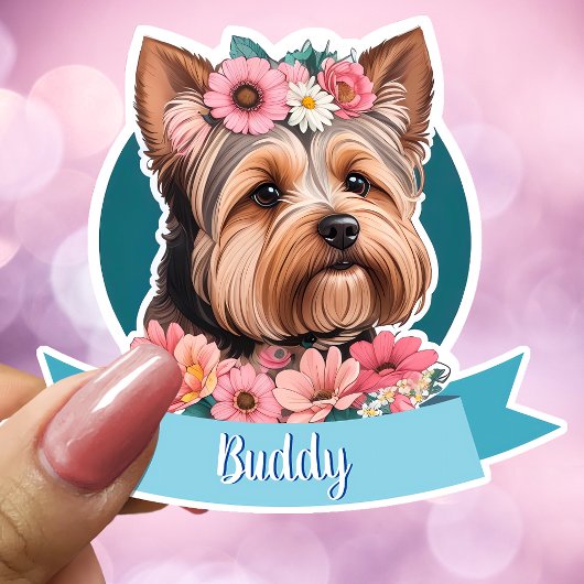 Blue Ribbon, Yorkshire & pink flowers カスタム シール