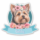 Blue Ribbon, Yorkshire & pink flowers カスタム シール (正面)