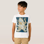 Blue Ring Octopus Indigo Vintage Map Nautical Tシャツ (正面フル)