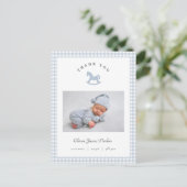 Blue Rocking horse Gingham Boy Birth Announcement ポストカード (スタンド正面)