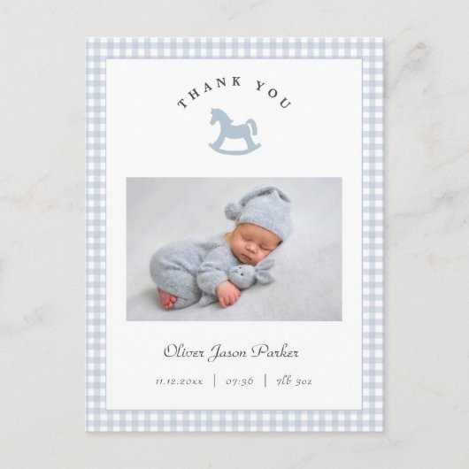 Blue Rocking horse Gingham Boy Birth Announcement ポストカード (正面)