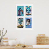 Blue Romanian Matchbox Labels Grid Print, Vintage ポスター (キッチン)