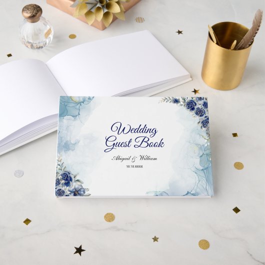 Blue Romantic Elegant Floral Wedding Guest Books ゲストブック (正面見開き)