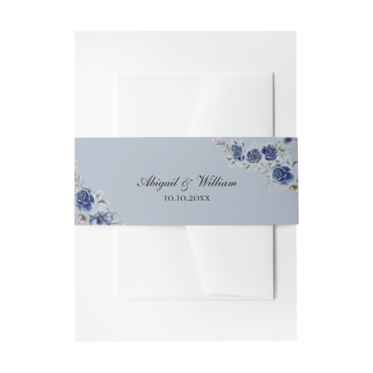 Blue Romantic Floral Botanical Wedding Belly Bands 招待状ベリーバンド (正面例)