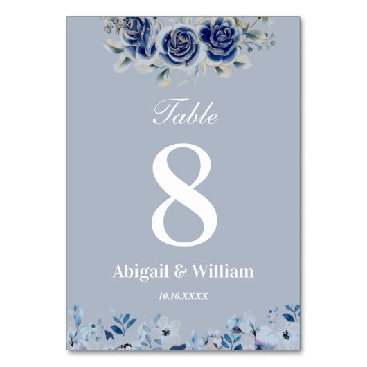 Blue Romantic Floral Botanical Wedding Table Card テーブルナンバー (正面)