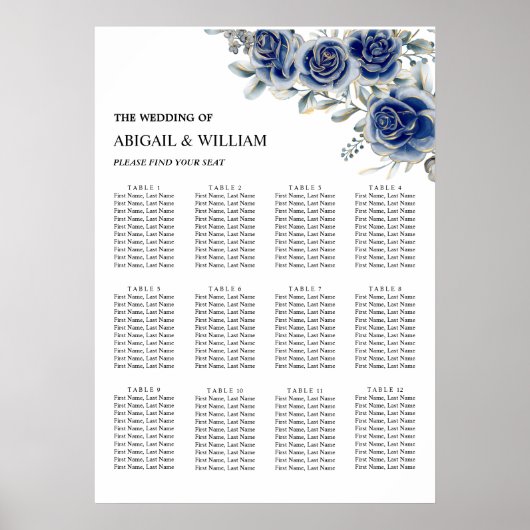 Blue Romantic Floral Wedding Seating Chart Poster ポスター (正面)