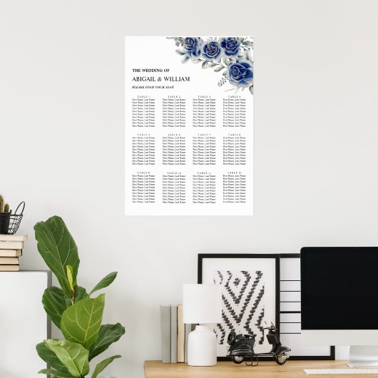 Blue Romantic Floral Wedding Seating Chart Poster ポスター (ホームオフィス)